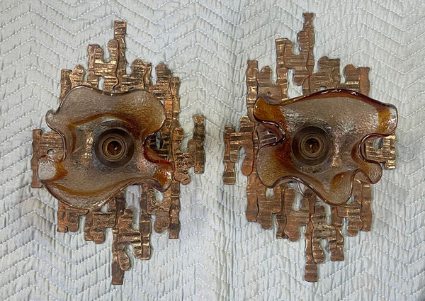 Pair of Murano Glass Sconces by Mazzega on Brutalist Metal Frames. Italy, 1970's
