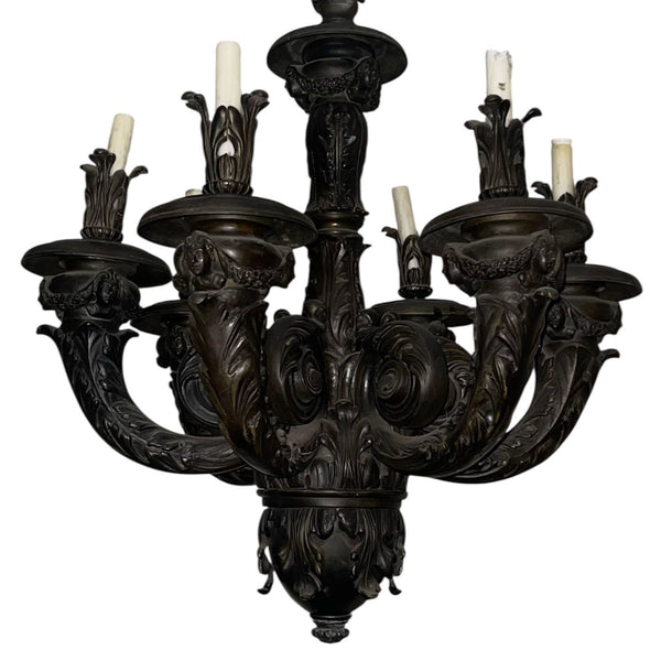 Pair of Monumental French Neoclassical Bronze Chandeliers, Late 19th Century.