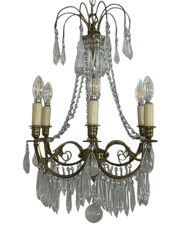 Pair of French Brass Chandeliers with Rock Crystal & Glass. Early 20th century.