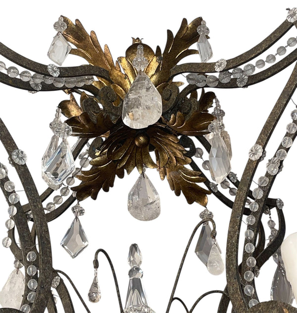 Impressive Early 20th Century French Wrought Iron and Rock Crystal Chandelier
