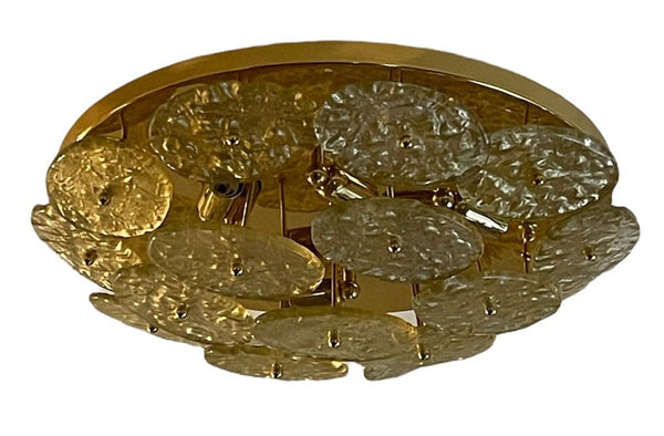 Italian "Galattico" Flush Mount with Gold Textured Murano Glass Discs, 1980's.