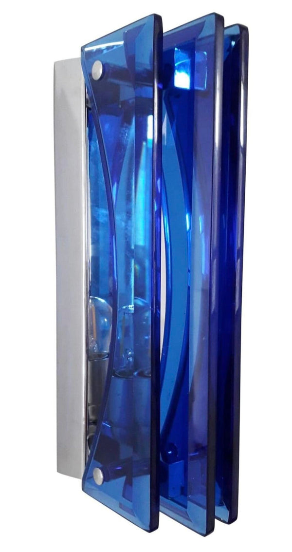 Set of Ten Sconces w/ Beveled Cobalt Blue Glass Designed by Veca. Italy, 1960's.