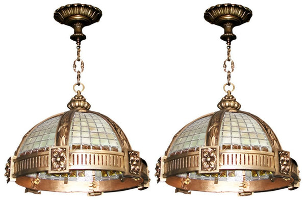 Six Late 19th C. Oversized French Bronze Pendants w/ Stained Glass & Amber Trim