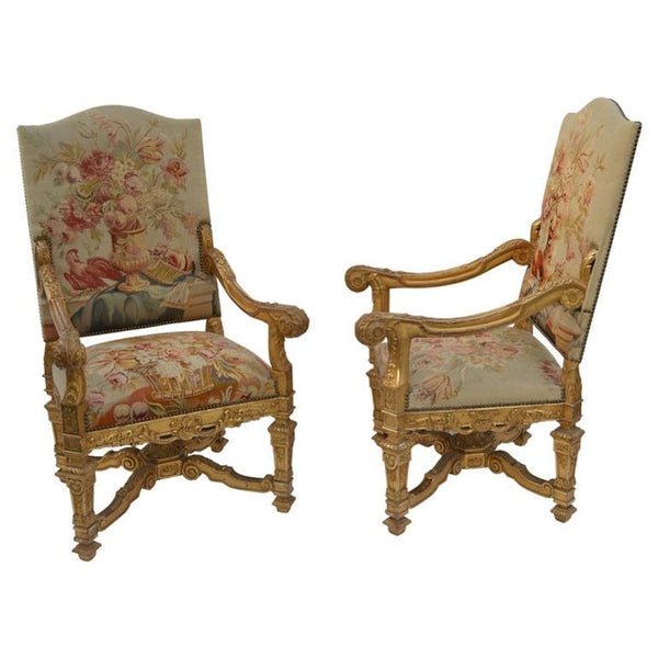 Pair of Large Late 19th Century French Neoclassical Gilded Walnut Armchairs