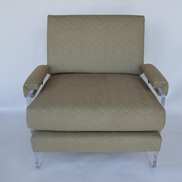 Pair of Lucite Armchairs with Brass Hardware and New Upholstery. U.S.A. 1980's.