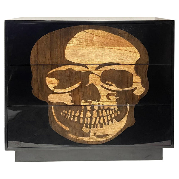 Pair of Early 21st C. Black Commodes with Inlaid Skull Design and Resin Finish