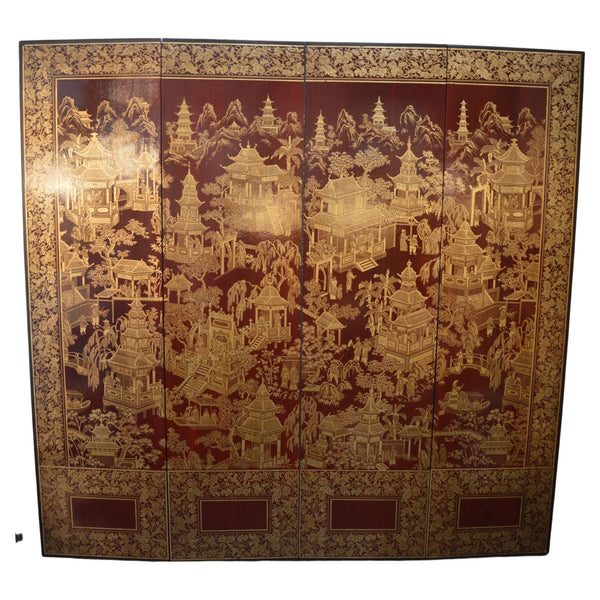 Robert Crowder Four-Panel Chinoiserie Screen with Gold Leaf on Red Background.