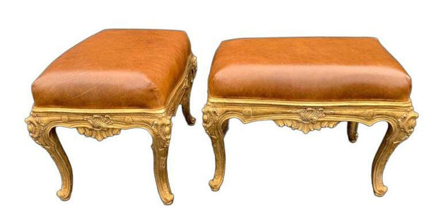 Pair of Italian Gilt-Wood Benches with Brown Leather Upholstery, 20th Century.