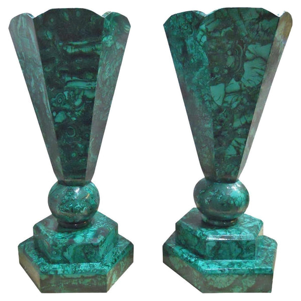Impressive Set of 6 Malachite Vases, Congo, 1960's.