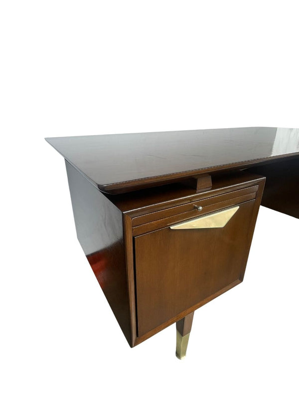 MCM Executive Walnut Desk with Brass & Cane Details. Denmark, 1960's.