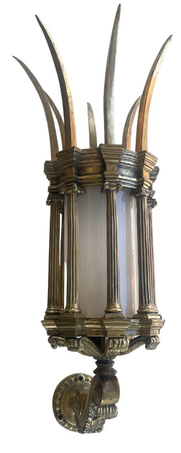 Pair Early 20th Century American Victorian Bronze Spiked Lantern Sconces w Glass