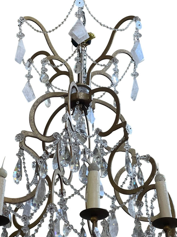 Monumental Italian Rock Crystal & Wrought Iron Chandelier, 20th Century.