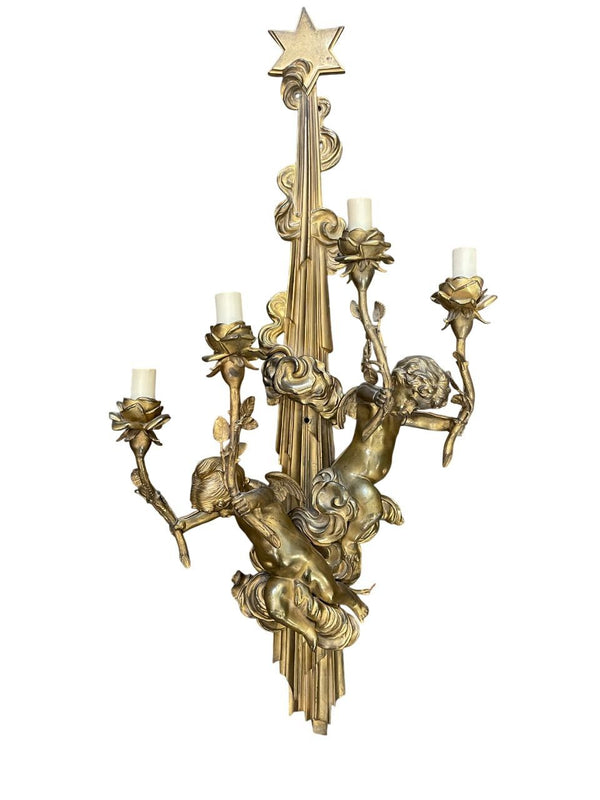Pair of French Gilt Bronze Figural Four-Light Sconces, Late 19th Century.