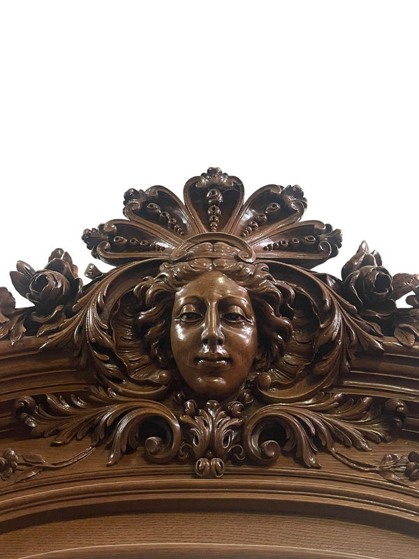 Mid-19th c. French Oak Hall Tree with Mirror & Elegantly Hand Carved Details