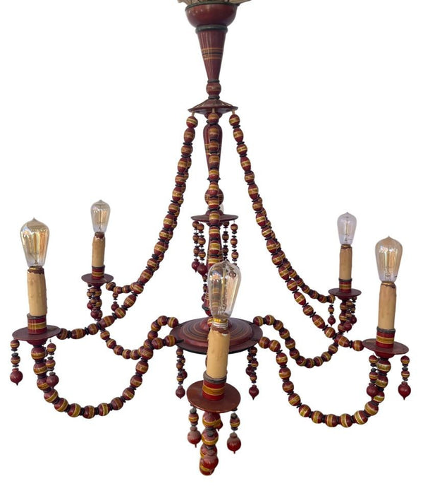 1950's Turkish Hand-Carved Wooden 6-Arm Chandelier Beaded & Hand-Painted
