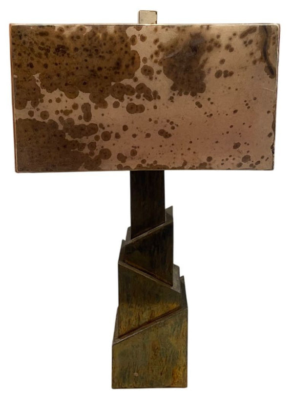 Pair of Brutalist Table Lamps with Tortoise Brass Base and Parchment Tan Shades.