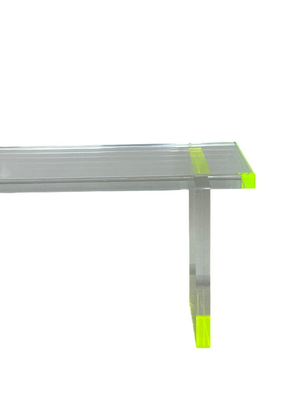 Pair Modern Lucite Benches by Pegaso Gallery Design, Fluorescent Green Details.