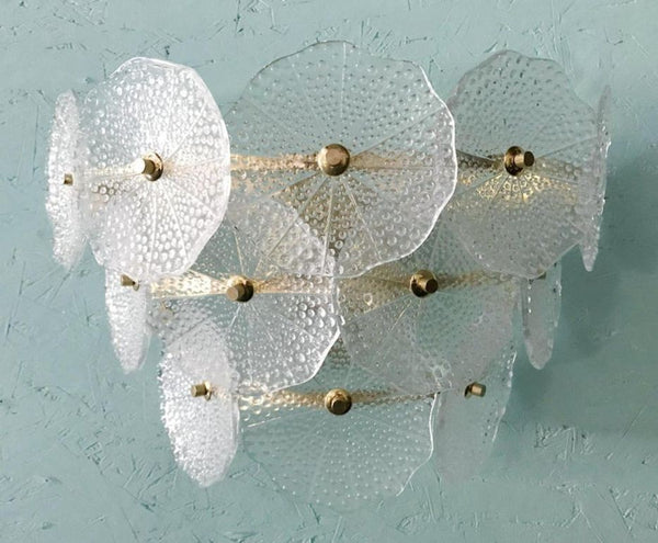 Pair of Clear Round Petal Murano Glass & Polished Brass Sconces, Italy, 1980's.