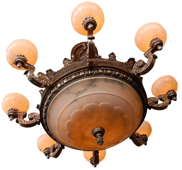 19th C. American Victorian Bronze Eight-Arm Justice Chandelier Alabaster Shades