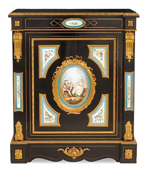 Pair of French Mid-19th C. Napoleon III Sevres-Mounted Ebonized Parlor Cabinets