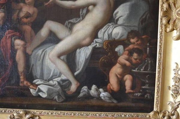 18th C. French School Oil Painting of Mars & Venus w/ Putti in a Giltwood Frame.