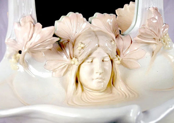 19th Century French Art Nouveau Majolica Mirror and Basin with Female Bust.