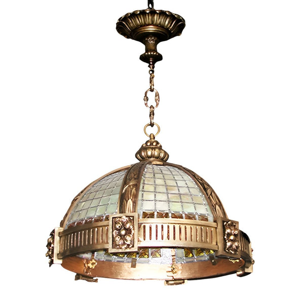 Six Late 19th C. Oversized French Bronze Pendants w/ Stained Glass & Amber Trim