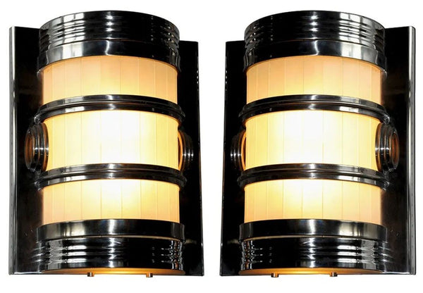 Pair of Impressive Art Deco Sconces with Frosted Glass and Metal. U.S.A. 1930's.