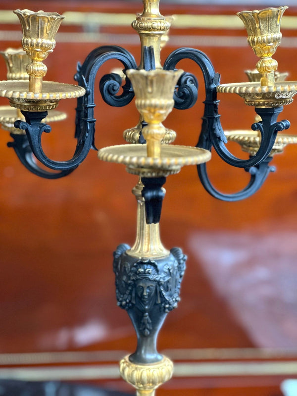 Pair of French Napoleon III Bronze & Rouge Marble Candelabras