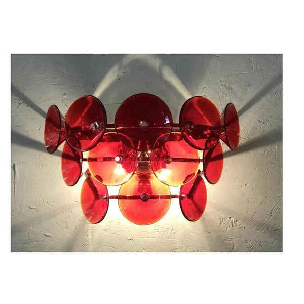 Set of Five Red Murano Glass Sconces Designed by Vistosi, Italy, 1980's.
