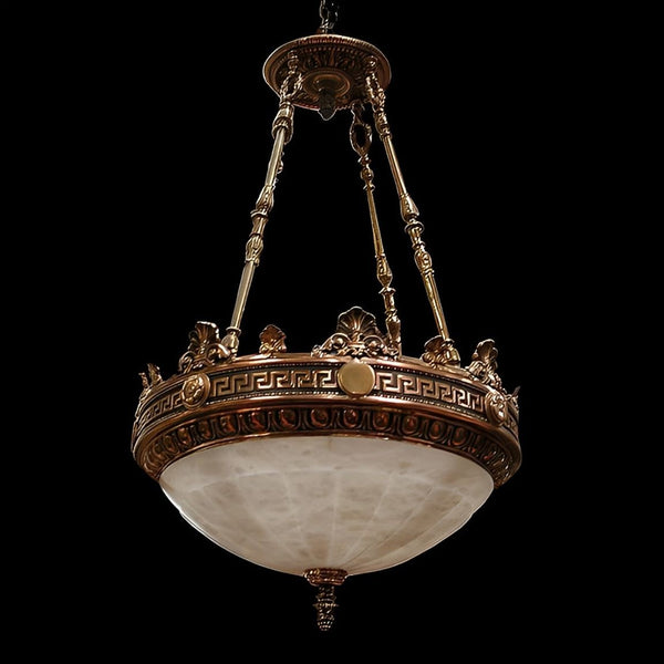 Pair of Justice Chandelier – Early 20th C. Beaux-Arts Bronze & Alabaster Fixture