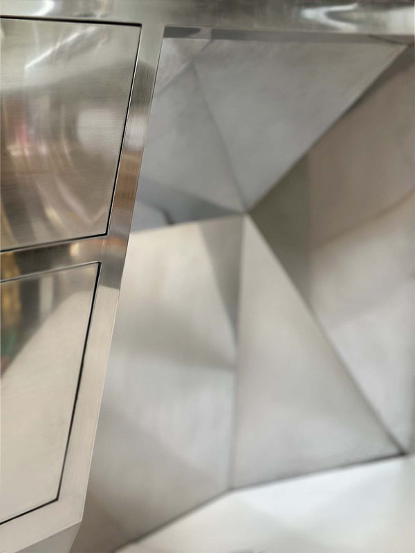 Minimalist “Popova” Desk in Brushed Stainless Steel with Mahogany Drawers. U.S.A