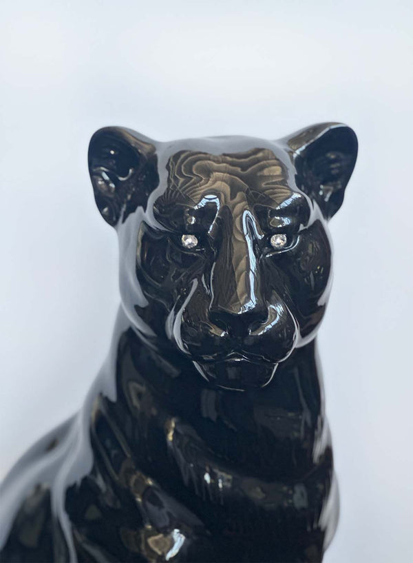 Vintage Italian Black Panther Ceramic Sculpture with Swarovski Crystals, c. 1980's