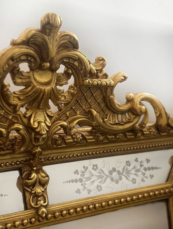 French Louis XV Style Hand-Carved Gilt Mirror w/ Etched Glass, Late 19th Century