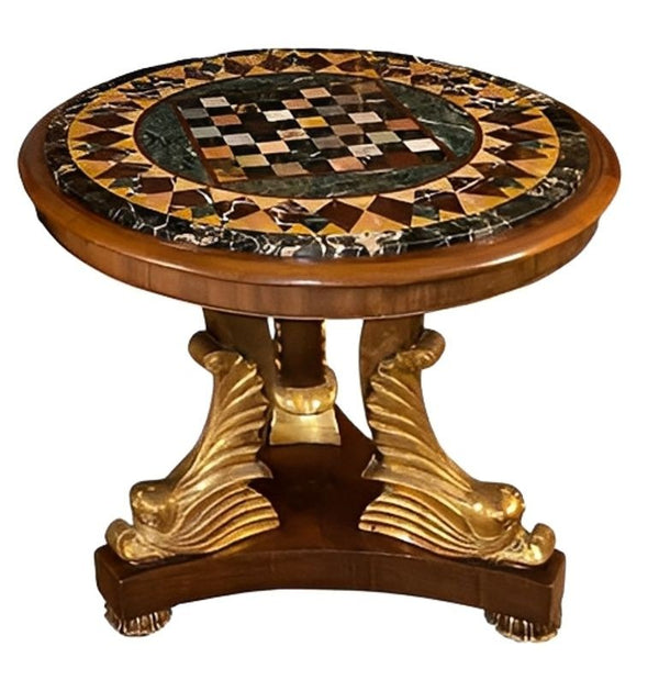 Pair Italian Early 20th C. Pietra Dura Chess Tables with Mahogany and Gilt Bases