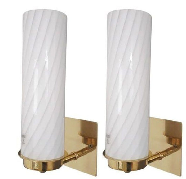 Set of Twelve Milky White "Murano Vetri 04" Cylinder Sconces. Italy, 1960's.
