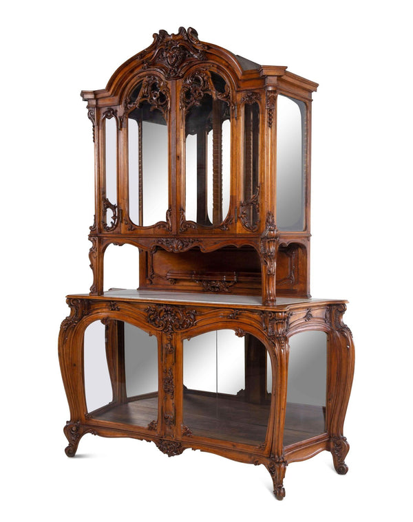 Louis XV Style Walnut Buffet Deux Corps with Mirrored Back, France, Mid-19th C.