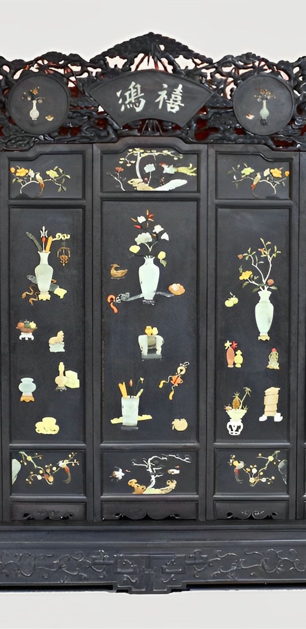 Chinese Seven-Panel Inlaid Zitan Screen Qing Dynasty/Republic Period Late 19th C