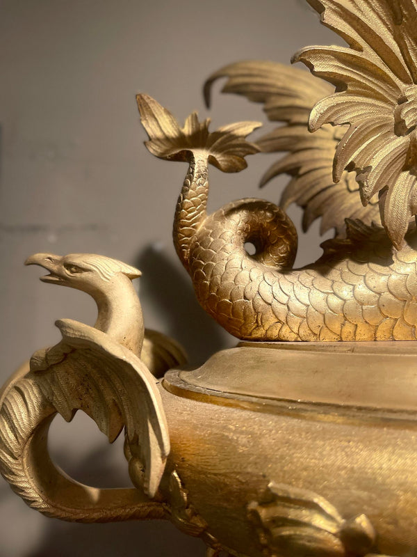 Italian 19th Century Wood Pedestal with Bronze Candelabra of Cherubs and Wyvern