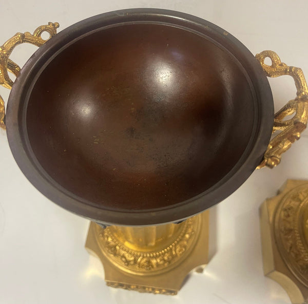 Pair of Greek Revival Bronze Relief Neoclassical Tazze with Bacchanalian Motifs