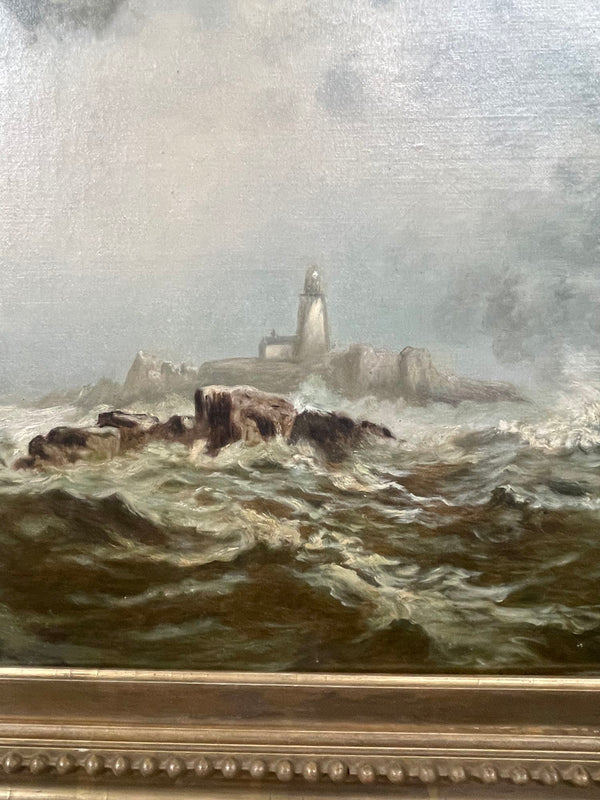 19th Century Oil on Canvas Seascape with Lighthouse.