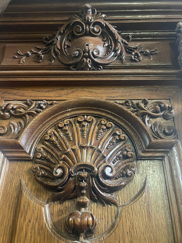 Mid-19th c. French Oak Hall Tree with Mirror & Elegantly Hand Carved Details