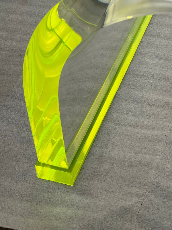 Long Acrylic Coffee Table w/ Brass & Fluorescent Green Details, U.S.A 1980's.