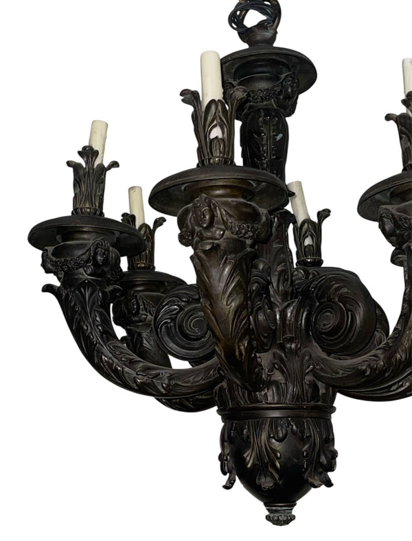 Pair of Monumental French Neoclassical Bronze Chandeliers, Late 19th Century.