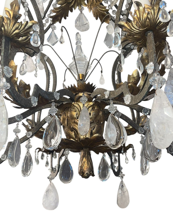 Impressive Early 20th Century French Wrought Iron and Rock Crystal Chandelier
