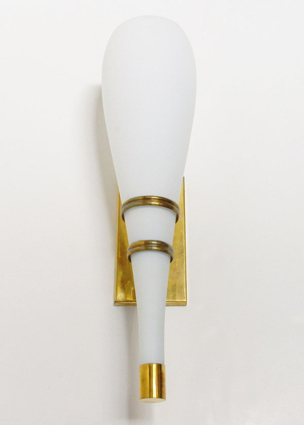 Set of Four Italian White Frosted Murano Glass Torch Sconces & Brass. 1960's.