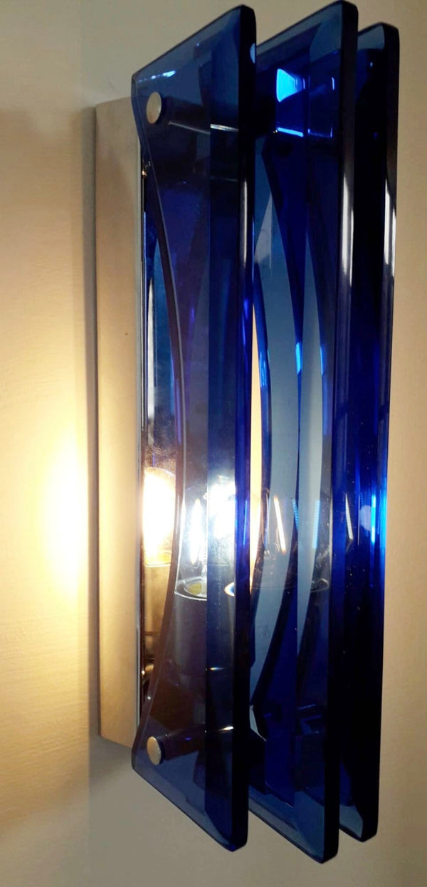 Set of Ten Sconces w/ Beveled Cobalt Blue Glass Designed by Veca. Italy, 1960's.