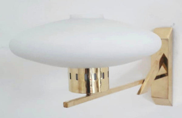Set of Four Mid-Century Opaline Disk Glass Sconces on Brass Frame. Italy, 1960's