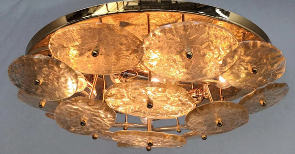 Italian "Galattico" Flush Mount with Gold Textured Murano Glass Discs, 1980's.