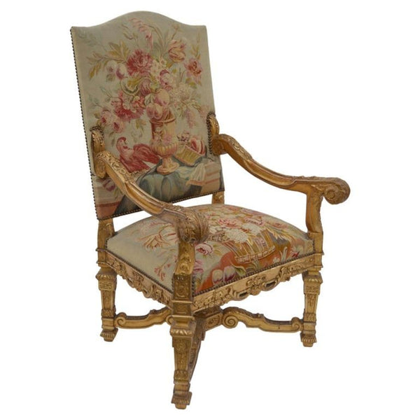 Pair of Large Late 19th Century French Neoclassical Gilded Walnut Armchairs